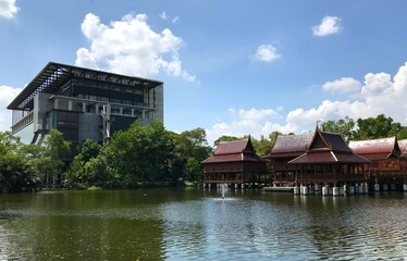 Modern and Traditional Architecture by a Tranquil Lake