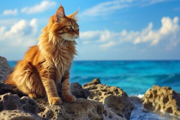 Obraz premium Portrait of a cute somali cat while standing against stunning ocean reef