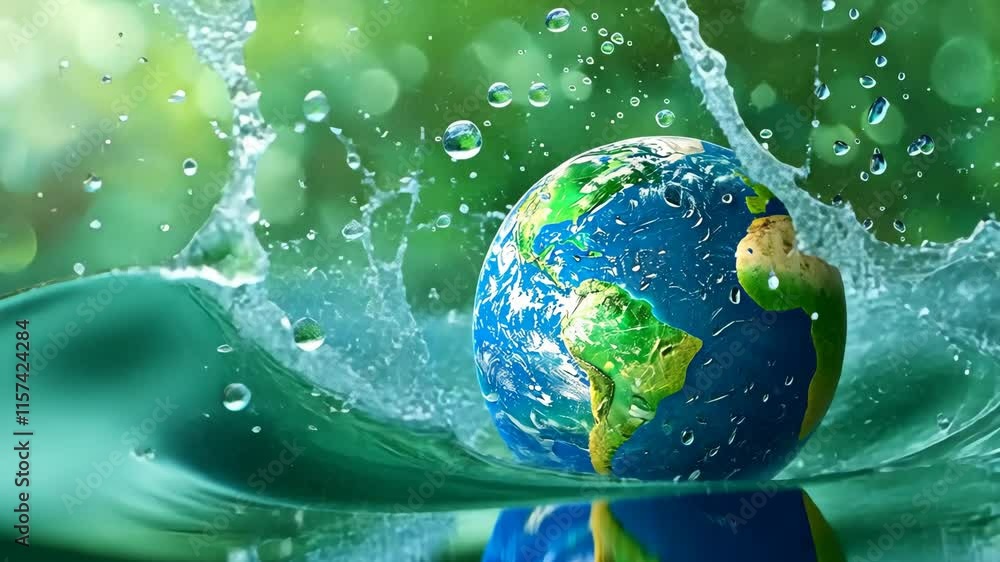 Poster water splashing around a globe with earth map in a vibrant natural setting