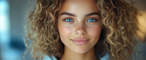 Portrait of a Young Woman with Curly Blonde Hair and Blue Eyes
