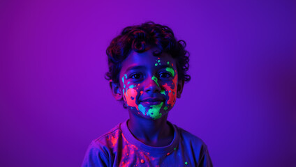 Child smiling with fluorescent paint splattered on face and shirt on purple background