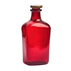 Vintage Red Glass Bottle with Golden Cap on a White Background