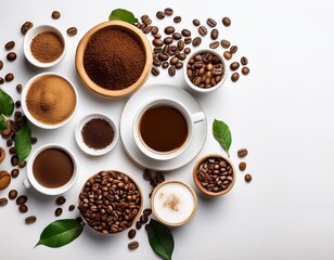 Fototapeta premium Coffee concept with different types of coffee and props for coffee making on grey background. View from above. 