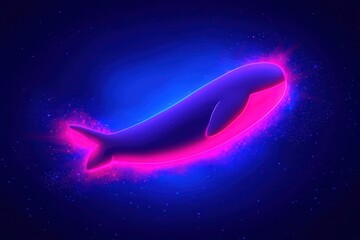 A glowing neon whale swimming through a dark cosmic ocean, outlined in radiant hues of blue and magenta, with swirling light trails and abstract glowing particles enhancing the composition. 