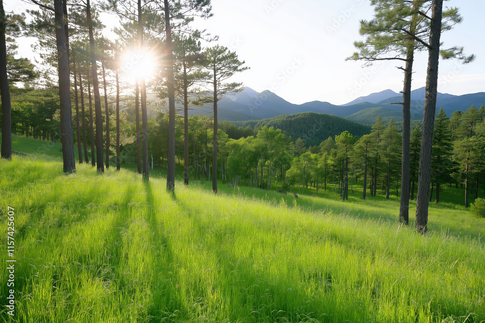 Poster sunlight filtering through tall trees in a lush green forest landscape