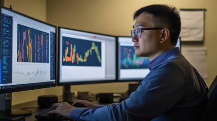 A data analyst sits at a workstation staring intently at dual monitors filled with multicolored data sets and machine learning algorithms predicting maintenance needs.