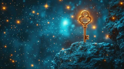Glowing golden key on a dark rock, cosmic background.