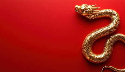 Obraz premium Golden dragon sculpture on red background for celebration decor