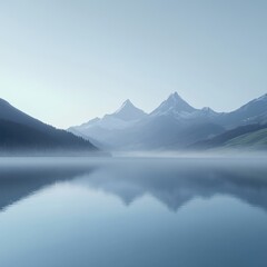 Fototapeta premium Serene mountain lake reflection in morning mist.