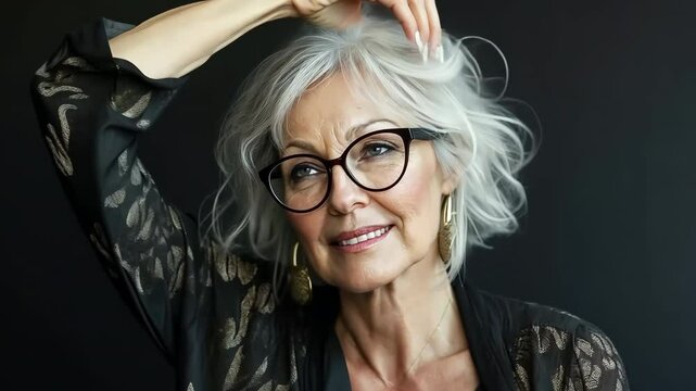 A woman with glasses and a bald head is looking up at the camera