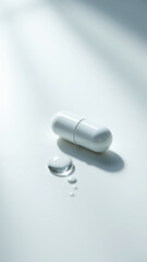 Magnesium capsules on a surface with water droplets.