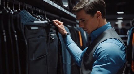 Naklejka premium Man shopping for stylish pants in a modern clothing store