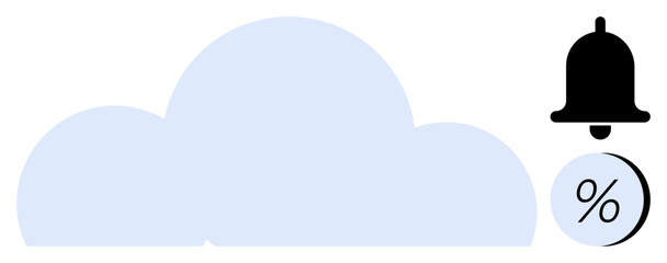 Large cloud icon with a notification bell and percentage circle indicating data usage or alerts. Ideal for data storage, notifications, cloud management, internet alerts, warnings, efficiency