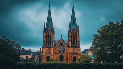 Obraz premium Gothic church architecture under a dramatic sky.