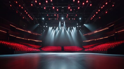 Bright stage lights shine on empty theater ready for performance