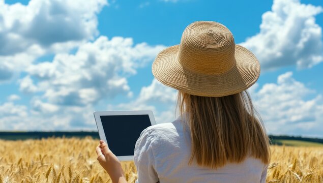 Woman in straw hat using tablet in golden wheat field - Powered by Adobe