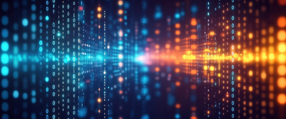 Abstract background with glowing dots and binary code, technology concept. Abstract digital light bokeh background with blue, orange, and yellow lights. Big data connection concept. Digital abstract