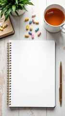 Open notebook with pen on wooden surface next to cup of tea.