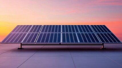 A modern solar panel system capturing sunlight during sunset.