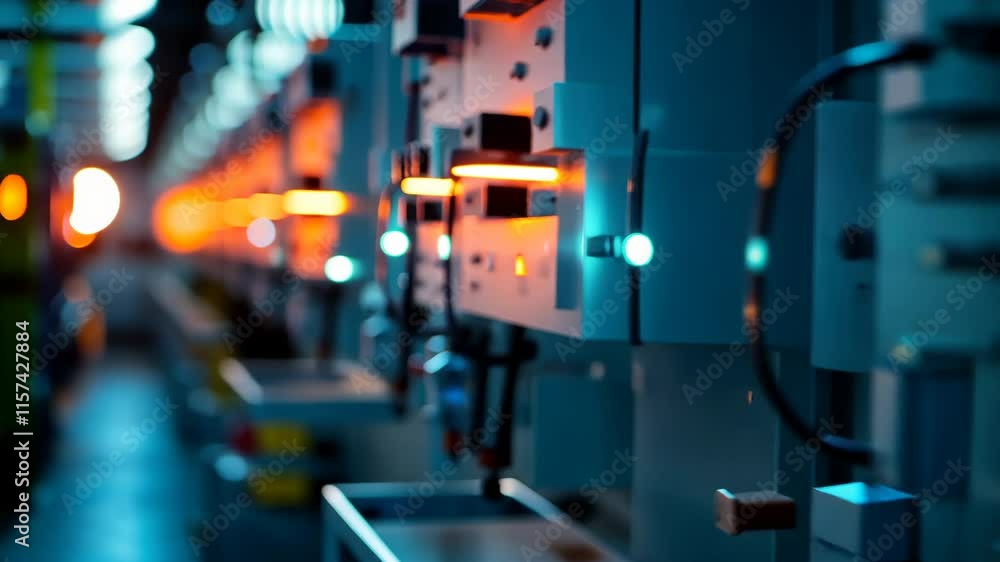 Poster abstract technology background with illuminated control panels and blurred lights