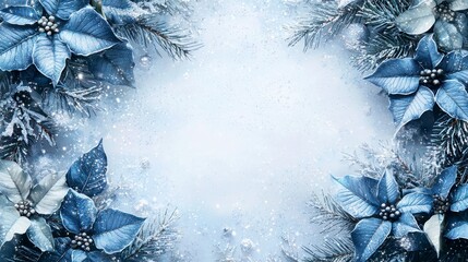 Elegant Blue Christmas Frame Featuring Frosty Poinsettias and Pine Branches with Sparkling Snowflakes in a Dreamy Impressionistic Style for Holiday Decor