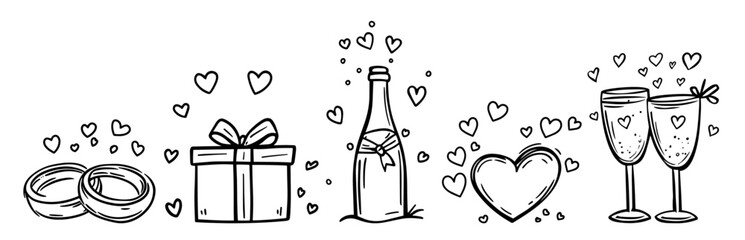 wedding love icons illustrated hand drawn in doodle style, rings, hearts and champagne