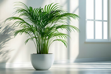 Fototapeta premium Lush green potted palm plant in a modern white pot, sits near a bright window.
