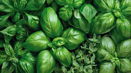 Lush green basil and thyme leaves background.