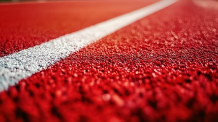 Close-up of a red track at a sports stadium with white lines on it. Perspective. Illustration for cover, card, postcard, interior design, banner, poster, brochure or presentation. 
