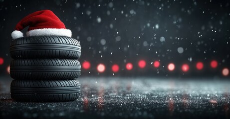 Festive tire stack with a Santa hat in a snowy setting