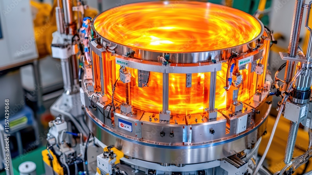 Poster large experimental fusion device glowing intensely in a striking visual display.