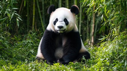 Obraz premium Panda sitting in bamboo grove with lush greenery