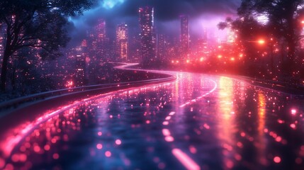 Obraz premium Captivating Night Cityscape with Colorful Neon Reflections