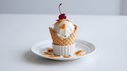 A photo of a white cone with coconut ice cream.