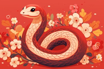 Fototapeta premium Vibrant snake symbolizing lunar new year surrounded by traditional decorations on red background