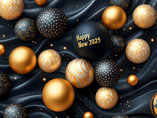 Fototapeta premium Elegant 2025 New Year's greeting with gold and black patterned spheres on dark silk.