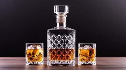 Crystal Decanter and Two Rocks Glasses of Amber Liquid
