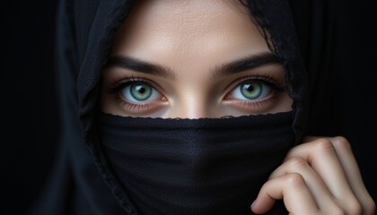 Naklejka premium Mysterious Gaze: A Woman's Enigmatic Eyes Partially Hidden by a Black Veil
