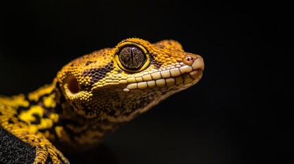 Vibrant close-up of a gecko with detailed scales and a striking eye against a dark background.