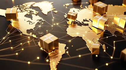 A stunning display of a world map adorned with sparkling golden packages interconnected by glowing lines, highlighting global trade and delivery logistics - Powered by Adobe