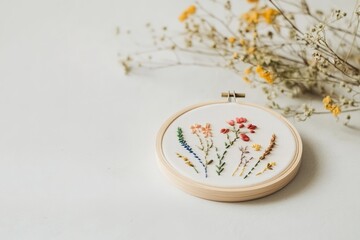 stylized graphic of embroidery materials including hoop with stitched floral pattern placed on clean light gray table