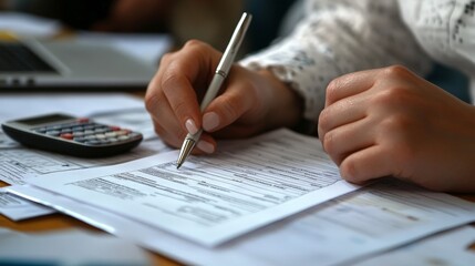 Woman calculating budget with a pen and calculator at desk