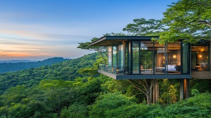 Modern glass house on mountaintop at sunset.
