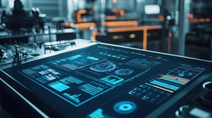 A tightly framed shot of an AIdriven analytics workstation displaying an intricate dashboard with predictive maintenance data surrounded by tools for automated inspections in a factory