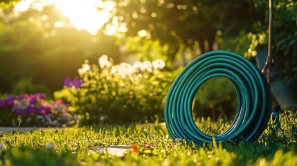 Green garden hose with a spout on the grass in front of a flower bed, with sunlight and a bokeh background. 