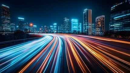 Fototapeta premium Dynamic nighttime traffic flow urban cityscape long exposure photography neon lights aerial view motion blur for seo