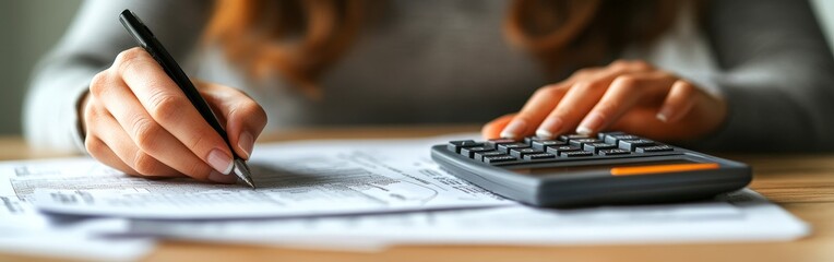 Woman calculating budget with a pen and calculator at desk