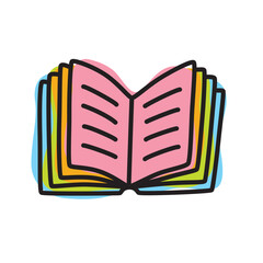Doodle book icon handdrawn with thin line and colored with colorful blobs. Literature symbol. PNG isolated on transparent background and vector illustration