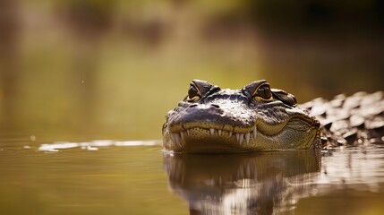 A crocodile partially submerged in calm water, with golden light reflecting on its textured skin.
