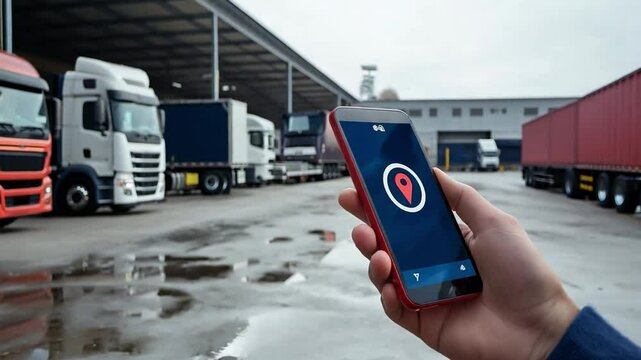 A person uses a smartphone to track logistics amid trucks at a busy transportation hub under cloudy skies